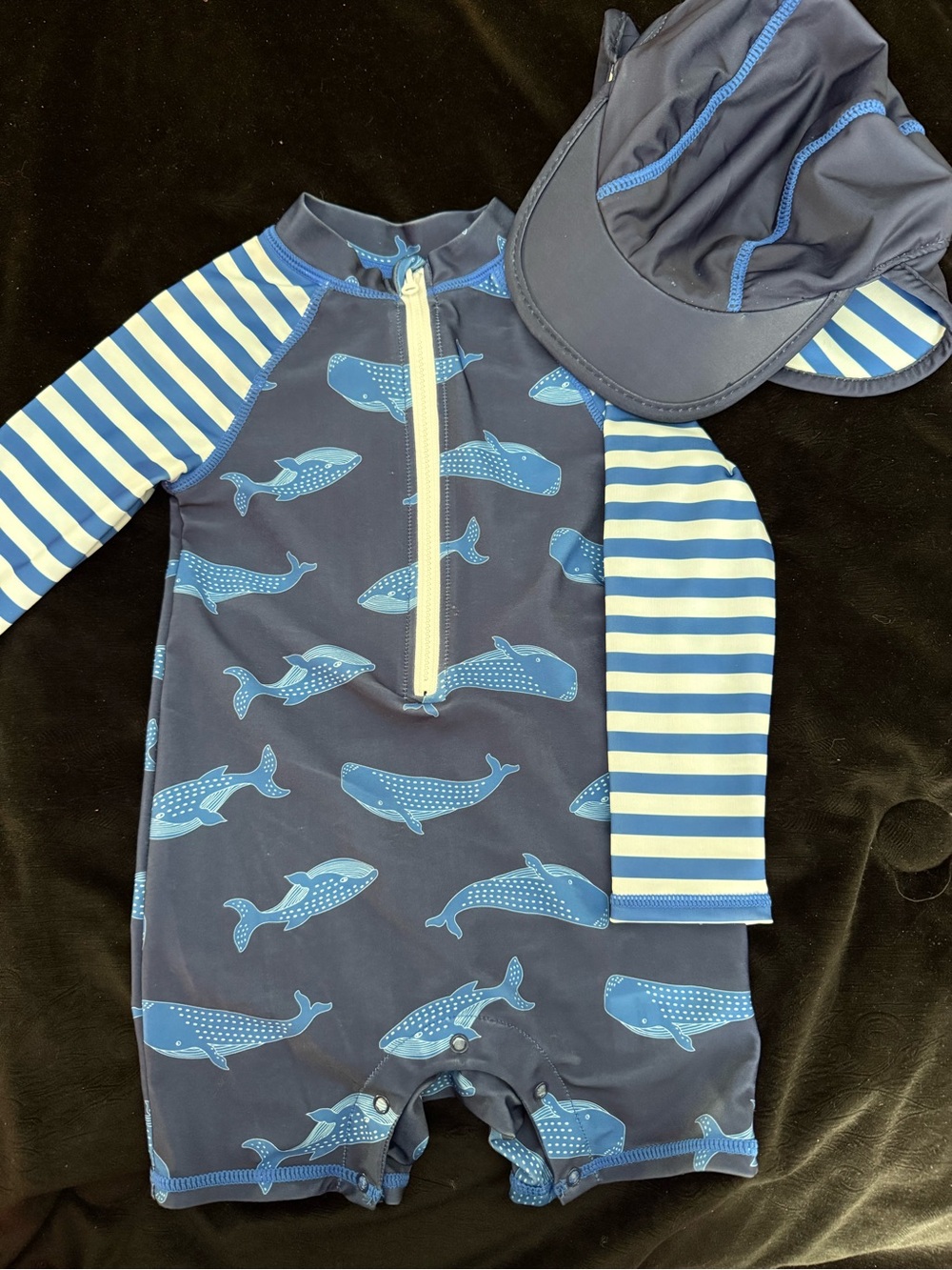 Toddler Navy Whale-Print Rashguard Swimsuit with Sun Hat